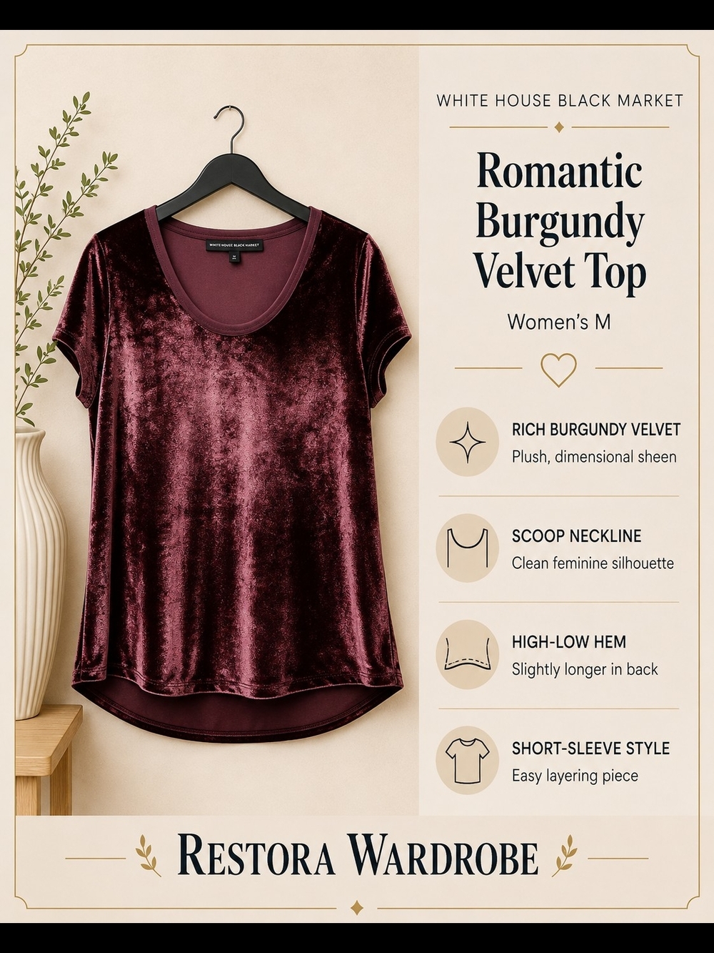 White House Black Market Velvet Top Burgundy Scoop Neck M Romantic